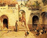 Poultry Canvas Paintings - Feeding Poultry in a Courtyard